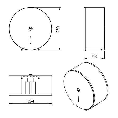 Rysunek techniczny - Zasobnik na papier toaletowy o Ø 24cm, 264x126x270mm, czarny mat
