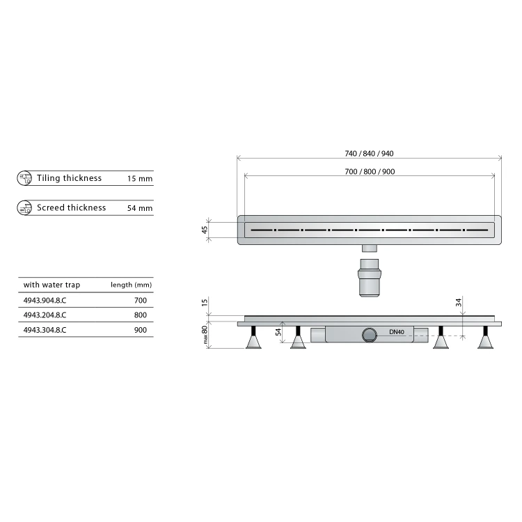 Rysunek techniczny - RENOVA ECO LINE odpływ liniowy z rusztem ze stali nierdzewnej, L-840, DN40