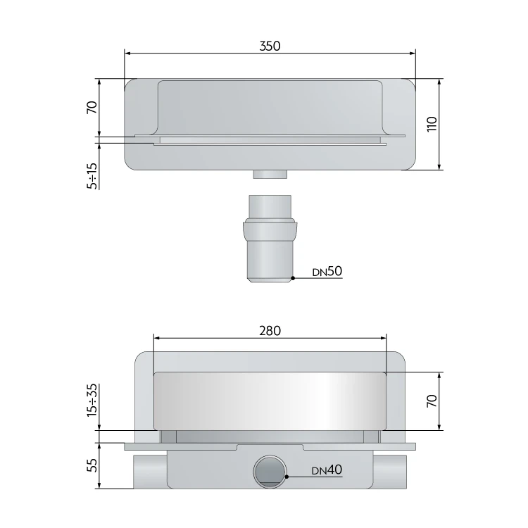 Rysunek techniczny - INTRAMURA odpływ ścienny, pokrywa ze stali nierdzewnej, L-350, DN40