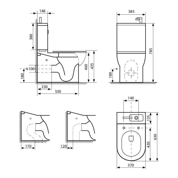 Rysunek techniczny - JALTA HYGIE kompakt WC z umywalką, Rimless, odpływ poziomy/pionowy, biały