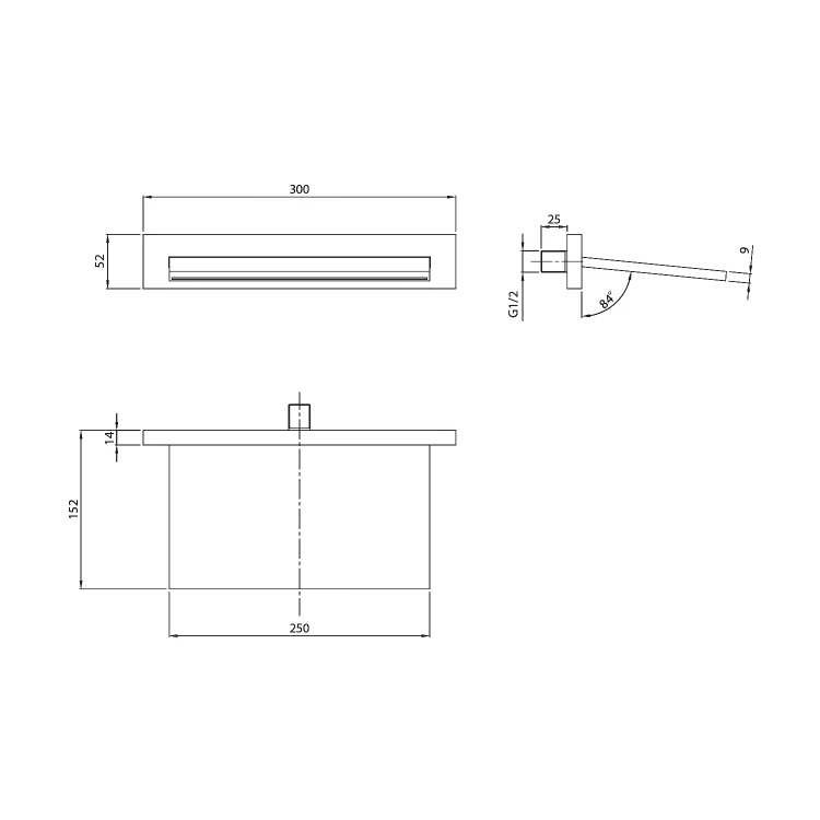 Rysunek techniczny - Wylewka płaska 300x52mm, chrom
