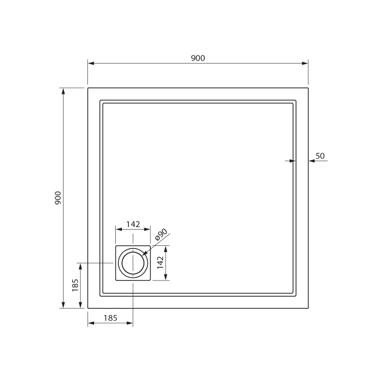Rysunek techniczny - XENA brodzik prysznicowy kompozytowy, kwadrat 90x90cm, biały