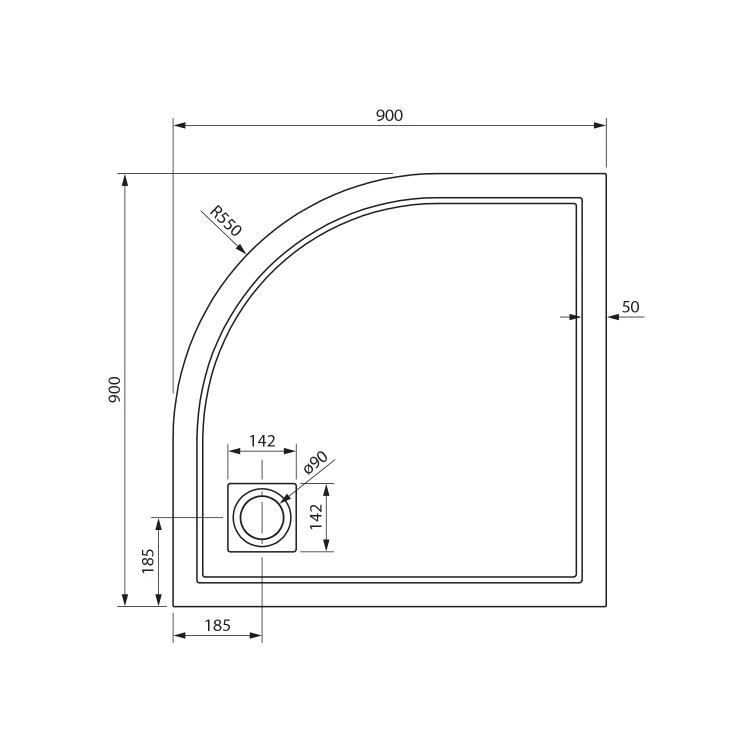 Rysunek techniczny - XENA brodzik prysznicowy kompozytowy, ćwierćokrąg 90x90cm, R550, biały