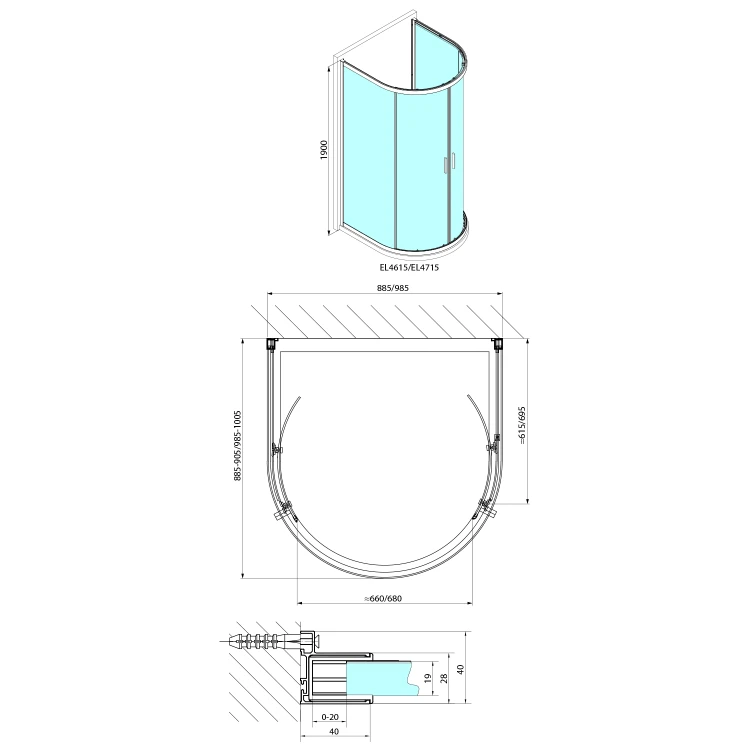 Rysunek techniczny - EASY kabina prysznicowa półokrągła 1000x1000mm, szkło czyste
