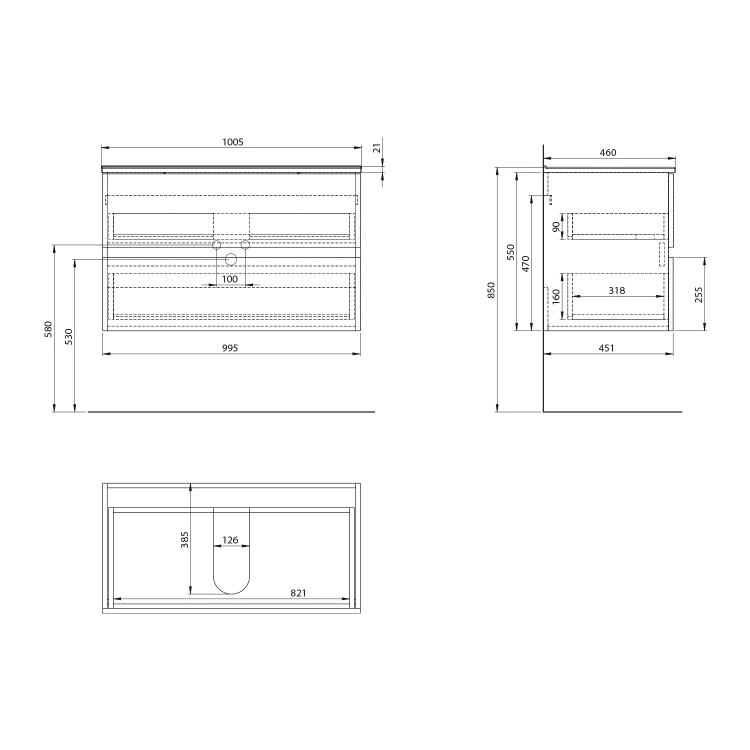 Rysunek techniczny - PANEDA STRIP szafka umywalkowa 99,5x55x45,2cm, dąb emporio
