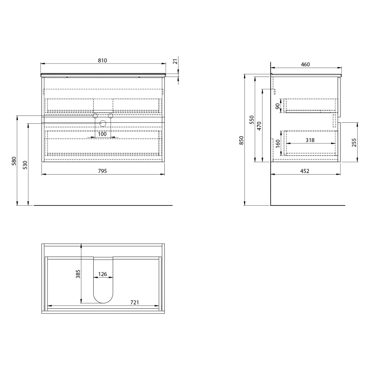 Rysunek techniczny - PANEDA STRIP szafka umywalkowa, 79,5x55x45,2cm, dąb emporio