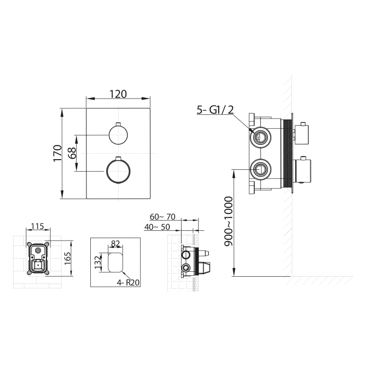 Rysunek techniczny - KIMURA bateria prysznicowa podtynkowa termostatyczna, 3 wyjścia, box podtynkowy, chrom