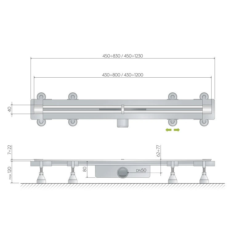 Rysunek techniczny - SUMISURA odpływ liniowy z rusztem ze stali nierdzewnej, L-450-1230, DN50
