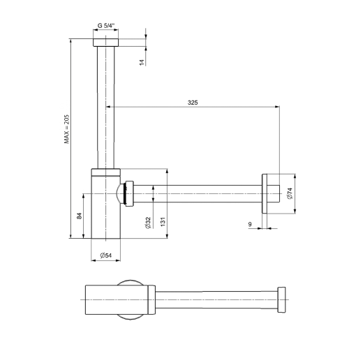 Rysunek techniczny - KING Syfon umywalkowy 5/4", odpływ 32 mm, ABS/czarny mat