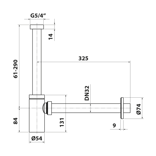 Rysunek techniczny - Syfon umywalkowy 5/4", odpływ 32 mm, biały