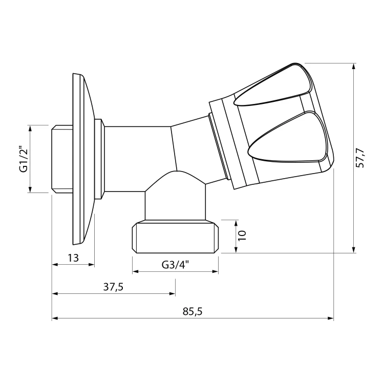 Rysunek techniczny - Zawór pralniczy z zaworem zwrotnym, 1/2"x3/4”, chrom