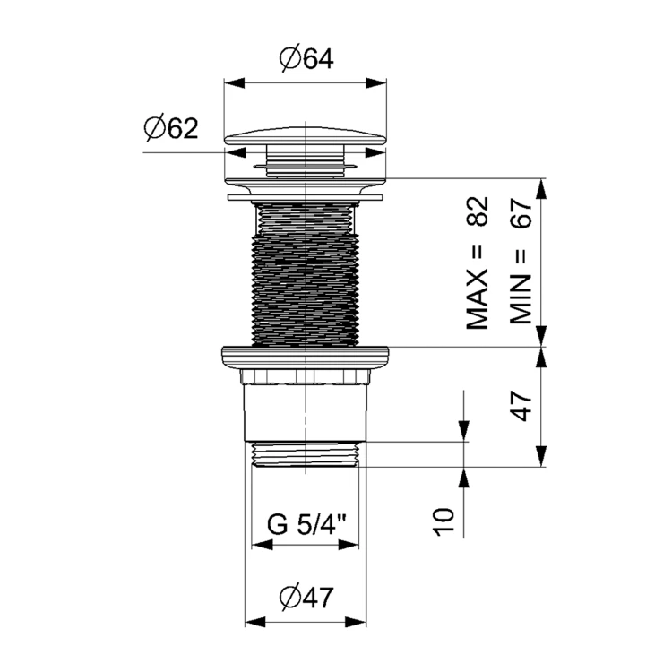 Rysunek techniczny - Odpływ umywalkowy 5/4”, klik-klak, duży korek, 10-80mm, ABS/chrom