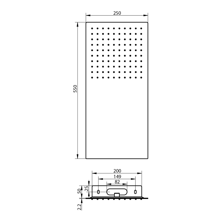 Rysunek techniczny - SLIM deszczownica ścienna, 250x550mm, stal nierdzewna połysk