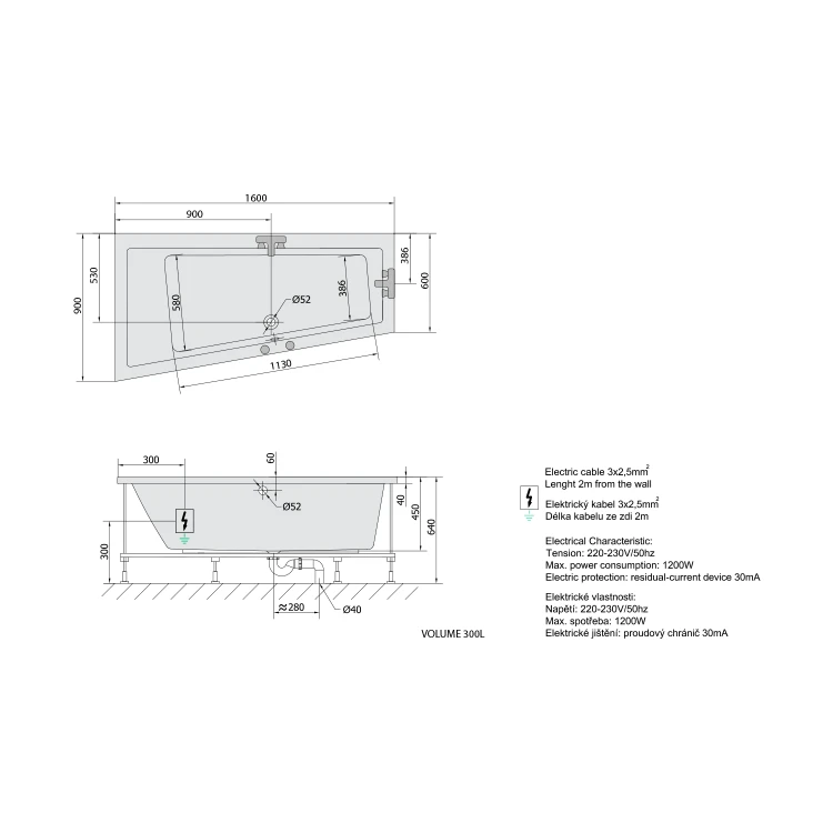 Rysunek techniczny - ANDRA L wanna z hydromasażem, 160x90x45cm, Active Hydro, chrom