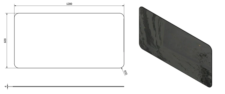Rysunek techniczny - ISHAPE lustro ze ściętą krawędzią 120x60cm, zaokrąglone rogi, CU free