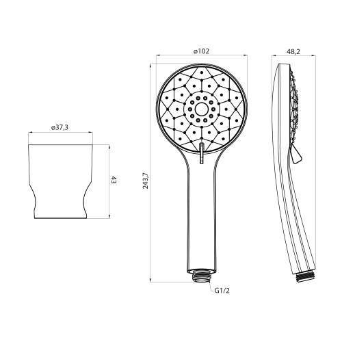 Rysunek techniczny - Zestaw prysznicowy, 4 tryby natrysku, silikonowe dysze, stały uchwyt, wąż 1500mm, czarny mat