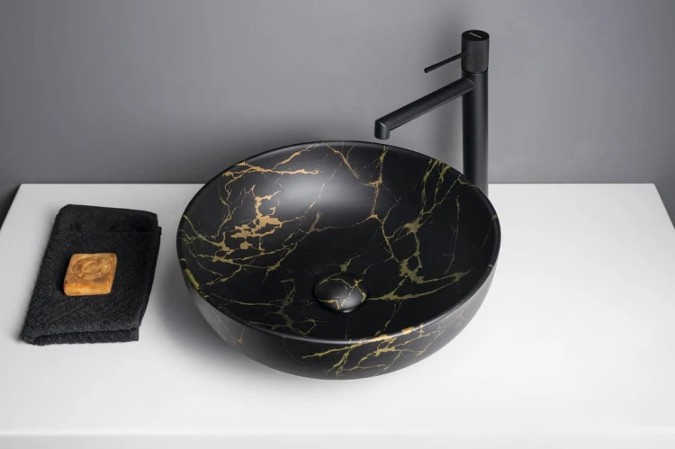RONDANE umywalka ceramiczna nablatowa, średnica 41cm, marmur portoro #2