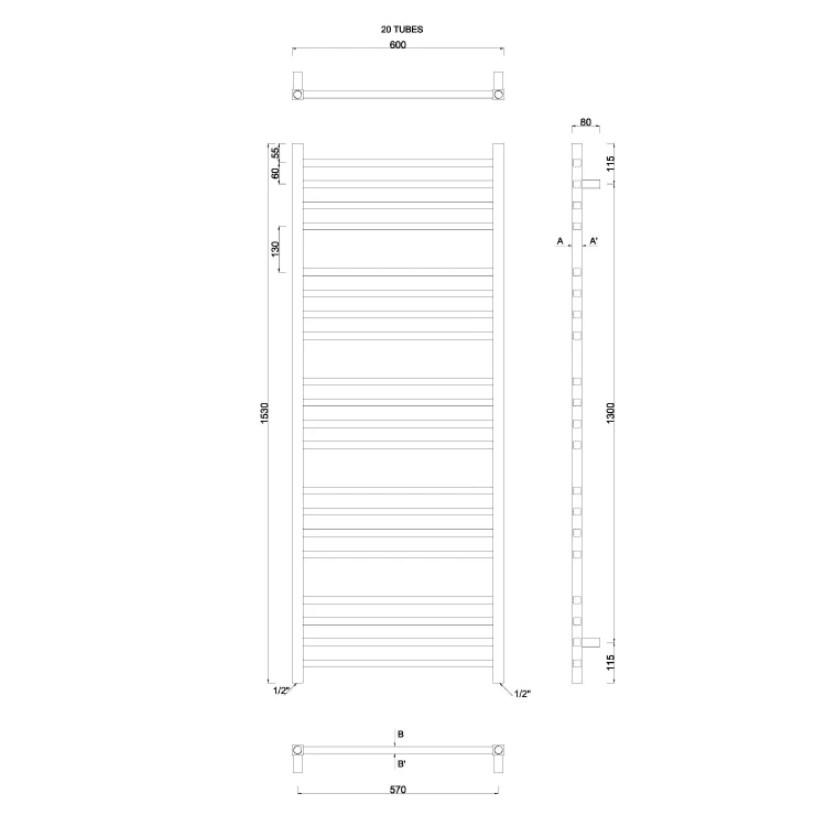 Rysunek techniczny - METRO grzejnik 600x1530mm, chrom