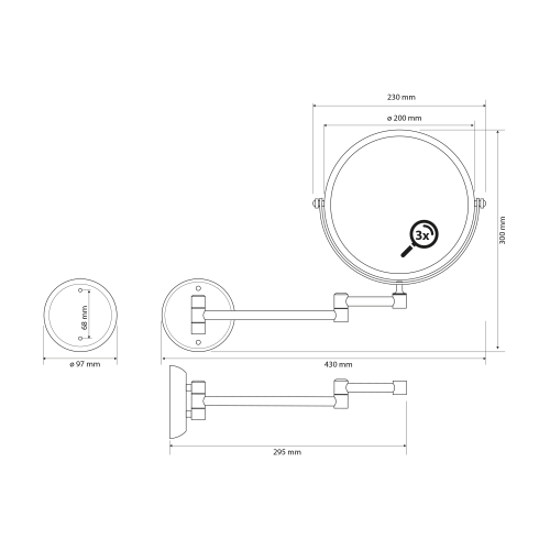 Rysunek techniczny - X-ROUND E wiszące lusterko kosmetyczne, średnica 200mm, dwustronne, chrom