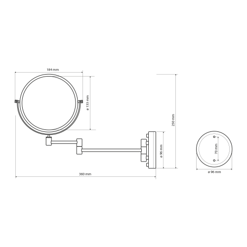 Rysunek techniczny - Wiszące lusterko kosmetyczne, średnica 140mm, dwustronne, chrom