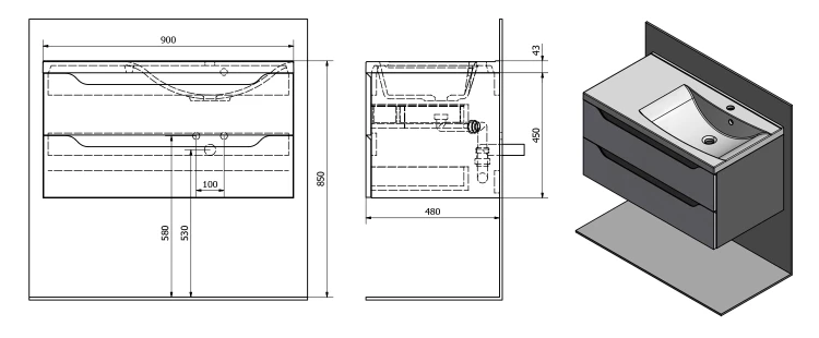 Rysunek techniczny - WAVE szafka umywalkowa 89,7x45x47,8cm, prawa, biała/dąb cuneo