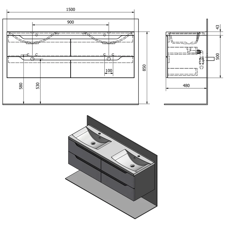 Rysunek techniczny - WAVE szafka umywalkowa 149,7x50x47,8cm, biała/dąb cuneo