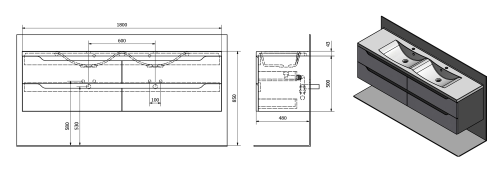Rysunek techniczny - WAVE szafka umywalkowa 179,7x50x47,8cm, biała/dąb cuneo