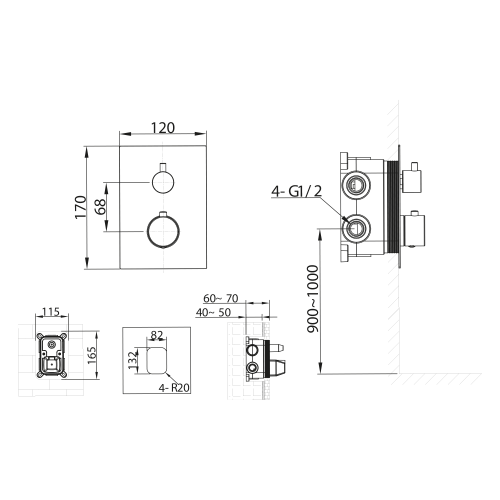 Rysunek techniczny - KIMURA bateria podtynkowa termostatyczna, 2 wyjścia, box podtynkowy, chrom