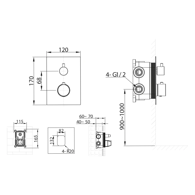 Rysunek techniczny - KIMURA bateria podtynkowa termostatyczna, 2 wyjścia, box podtynkowy, chrom