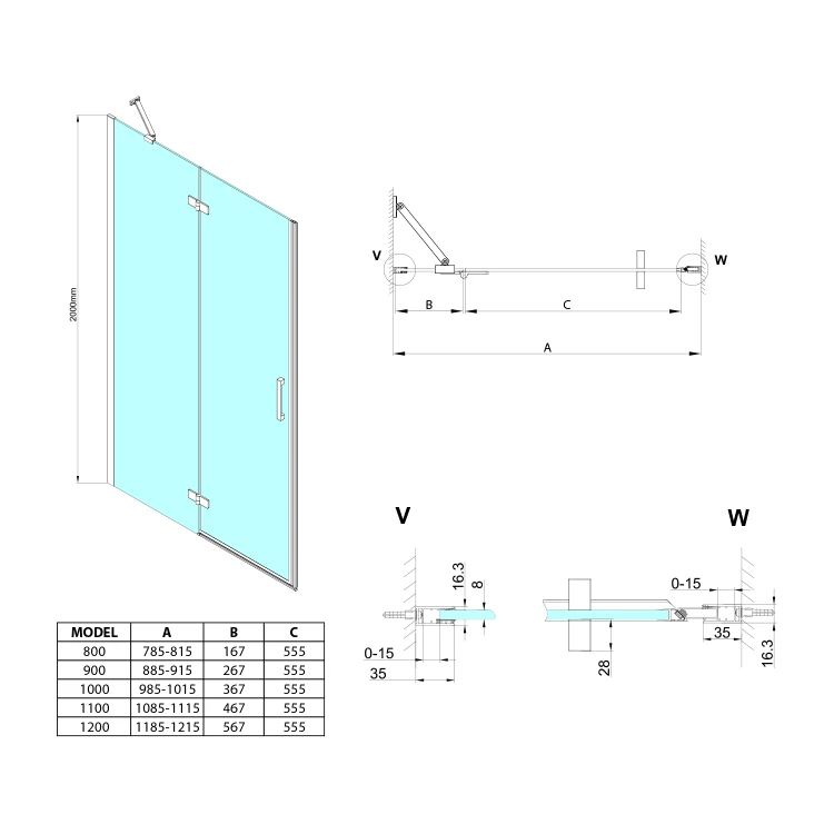 Rysunek techniczny - TRINITY BLACK drzwi prysznicowe do wnęki 1000 mm, szkło czyste, lewe