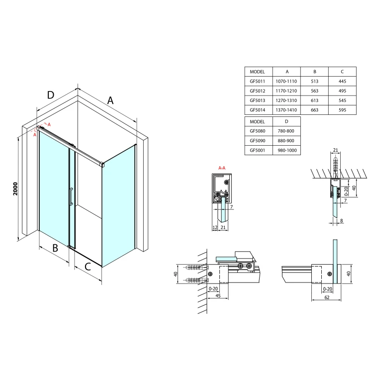 Rysunek techniczny - FONDURA drzwi prysznicowe przesuwne 1100mm, szkło czyste #2