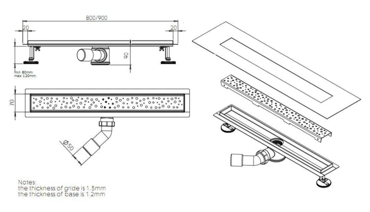 Rysunek techniczny - BUCANERA odpływ liniowy ze stali nierdzewnej z rusztem, L-900, DN50
