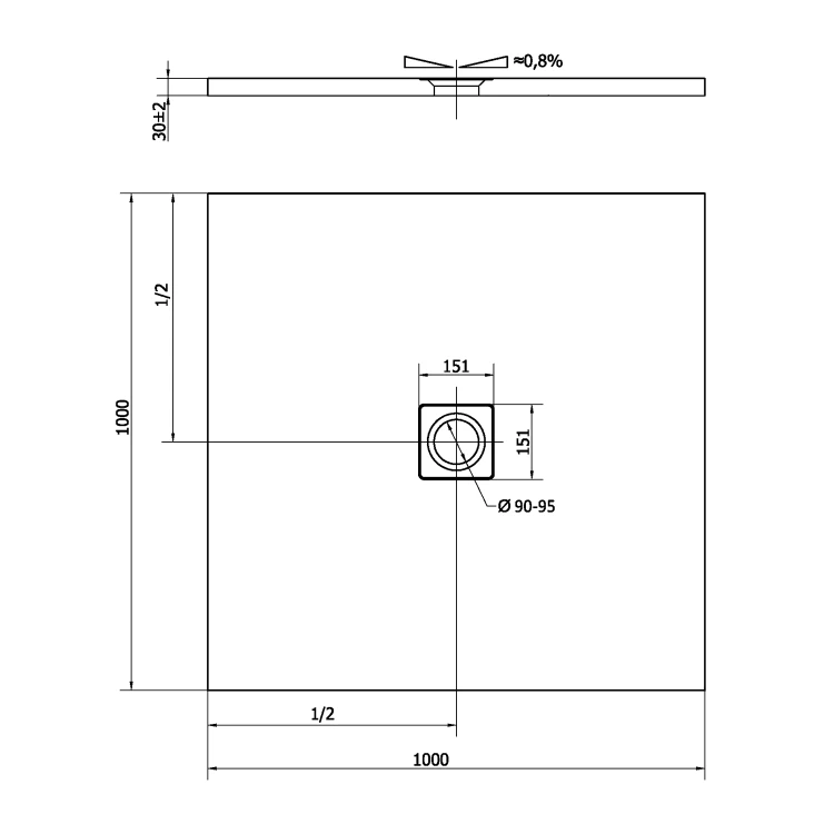 Rysunek techniczny - FLEXIA brodzik kompozytowy z możliwością docinania 100x100cm