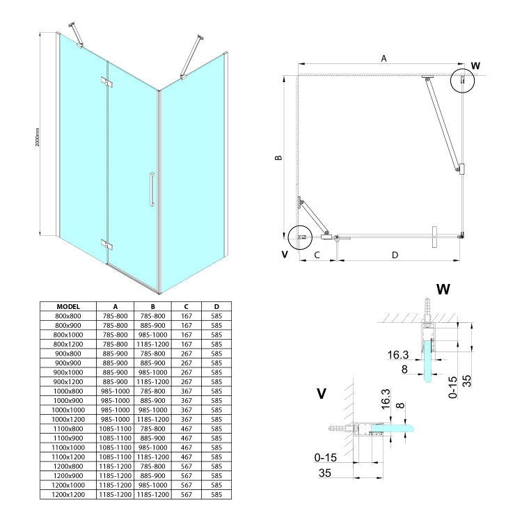 Rysunek techniczny - TRINITY CHROME kabina prysznicowa 1000x1000mm, szkło czyste, lewe