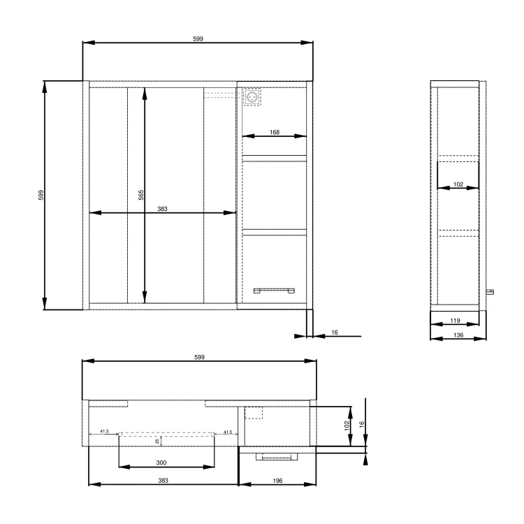 Rysunek techniczny - ZOJA/KERAMIA FRESH STRIP szafka z lustrem i oświetleniem LED, 60x60x14cm, prawa, biały