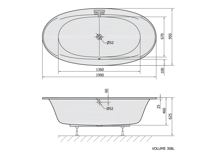 Rysunek techniczny - STADIUM wanna owalna 190x95x46cm, biała
