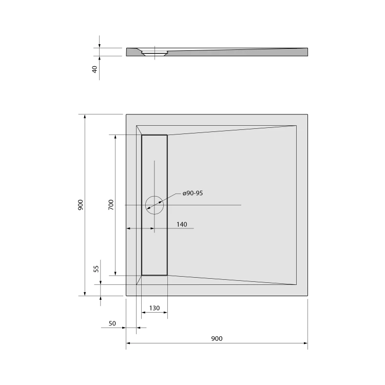 Rysunek techniczny - ARENA brodzik kompozytowy z pokrywą, kwadrat 90x90cm, biała