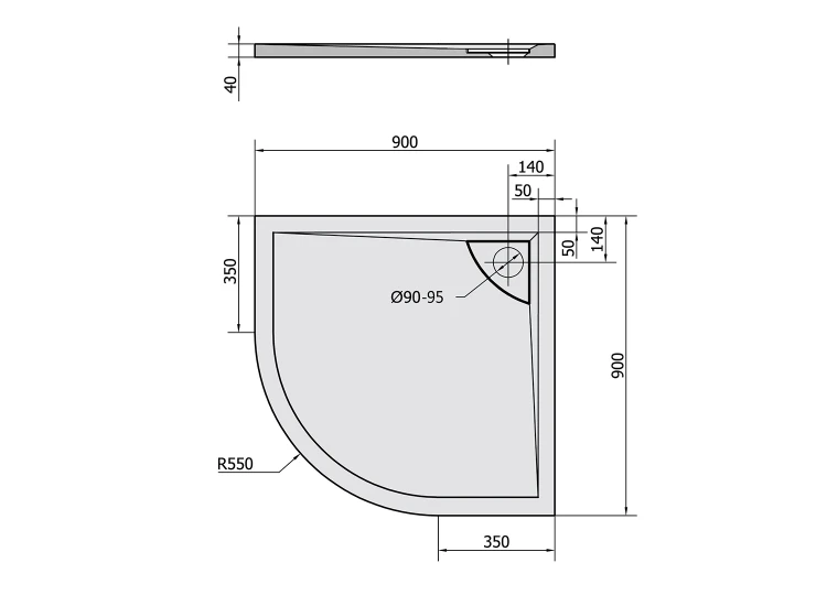 Rysunek techniczny - LUSSA brodzik kompozytowy z pokrywą syfonu, półokrągły 90x90cm, R550, biała