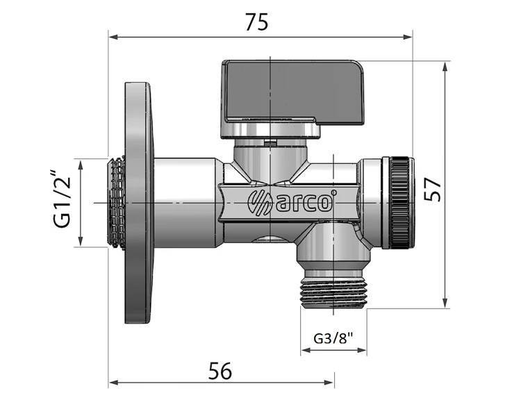 Rysunek techniczny - ARCO zawór kątowy A-80 1/2"x3/8" z filtrem, anticalc, chrom