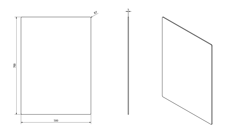 Rysunek techniczny - PLAIN lustro ze ściętą krawędzią 50x70cm, zaokrąglone rogi, CU free