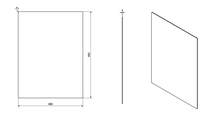 Rysunek techniczny - PLAIN lustro ze ściętą krawędzią 60x80cm, zaokrąglone rogi, CU free