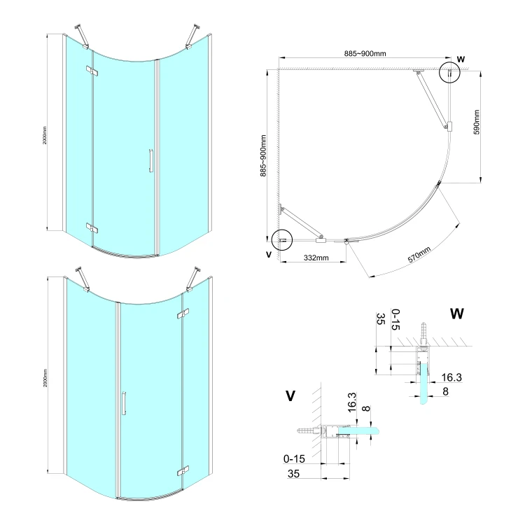Rysunek techniczny - TRINITY GOLD MATT kabina prysznicowa półokrągła 900x900mm, szkło matowe, prawa