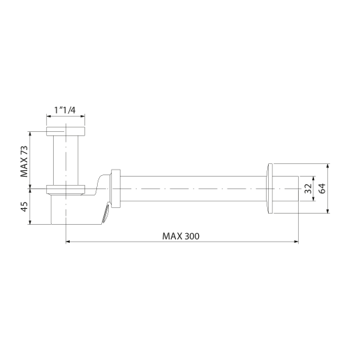 Rysunek techniczny - Syfon umywalkowy 5/4", odpływ 32mm, chrom