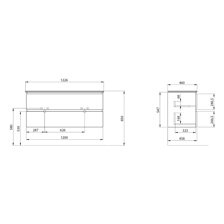 Rysunek techniczny - EZARA szafka pod umywalkę 120x55x46cm, dąb cuneo