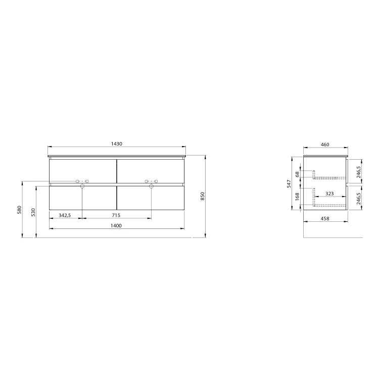 Rysunek techniczny - EZARA szafka pod umywalkę 140x55x46cm, biały połysk