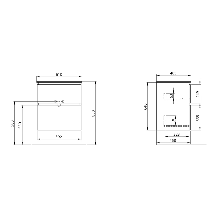 Rysunek techniczny - EZARA szafka pod umywalkę 59,2x64x46cm, dąb cuneo