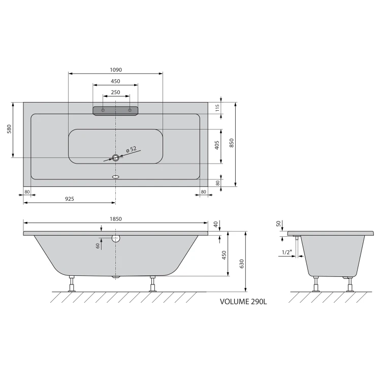 Rysunek techniczny - CASCATA wanna prostokątna 185x85x45cm, kaskada czarna