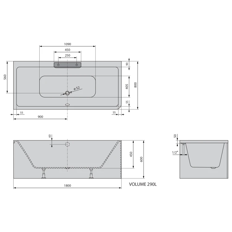Rysunek techniczny - CASCATA L MONOLITH wanna prostokątna 180x80x60cm, kaskada biała