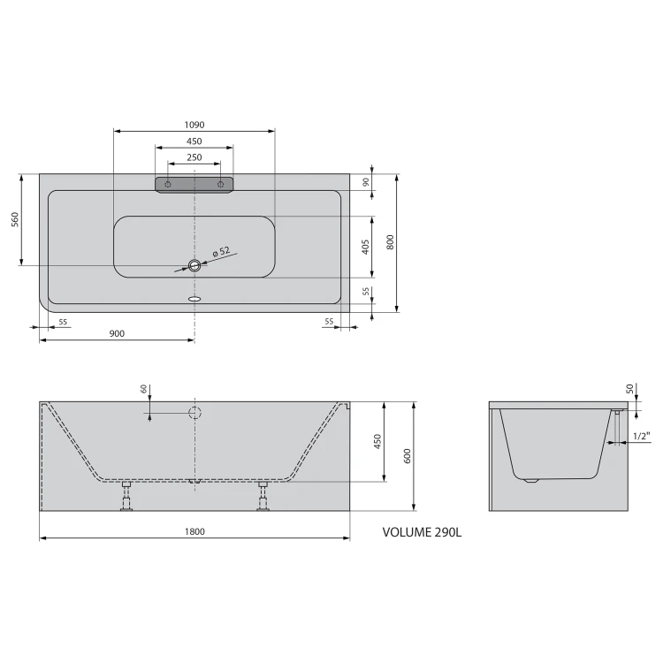 Rysunek techniczny - CASCATA R MONOLITH wanna prostokątna 180x80x60cm, kaskada czarna