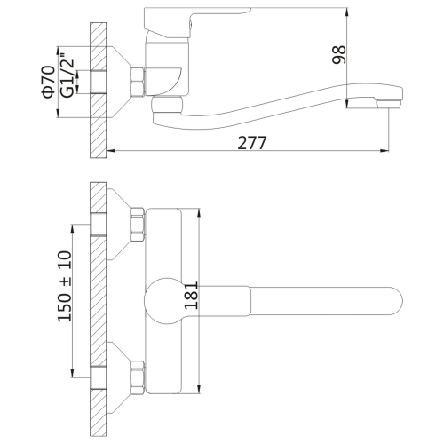 Rysunek techniczny - BARON ECO 3,8 l/min, bateria ścienna, rozstaw 150mm, chrom